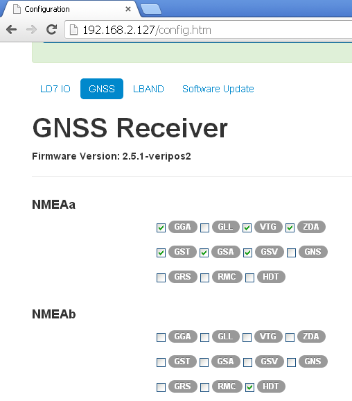 Click the GNSS tab and select required NMEA messages to be output on each NMEAa and NMEAb by ticking the related boxes: